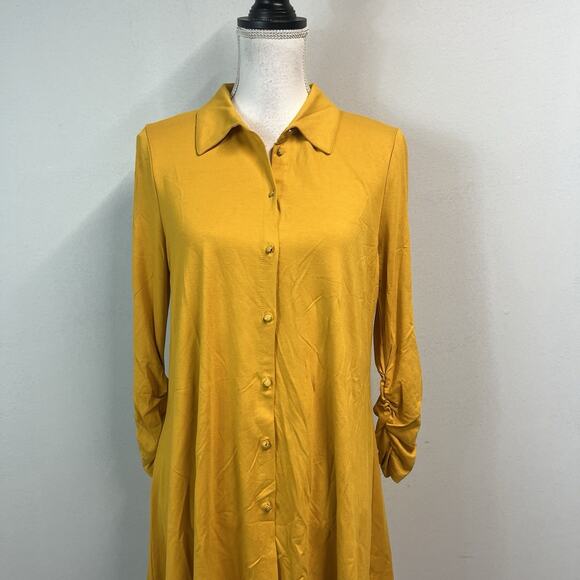 New Direction Button Up Shirt Tunic size Medium Mustard Yellow Stretch Jersey - Picture 2 of 8
